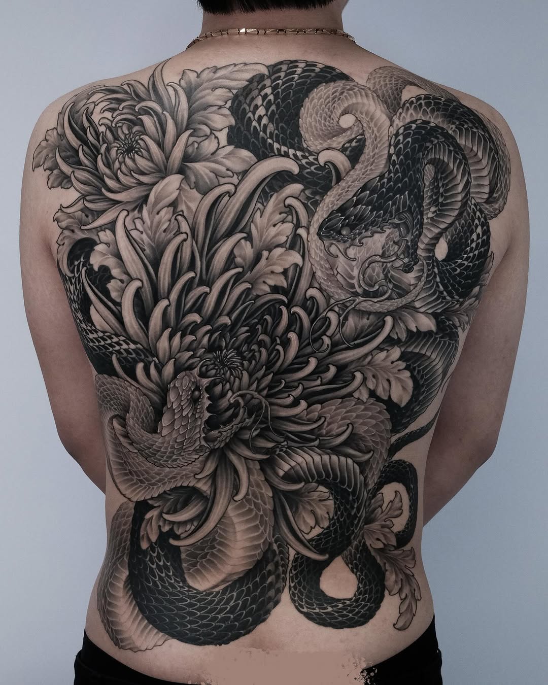 Snakes and chrysanthemums Japanese tattoo on the back by Yujin Ju