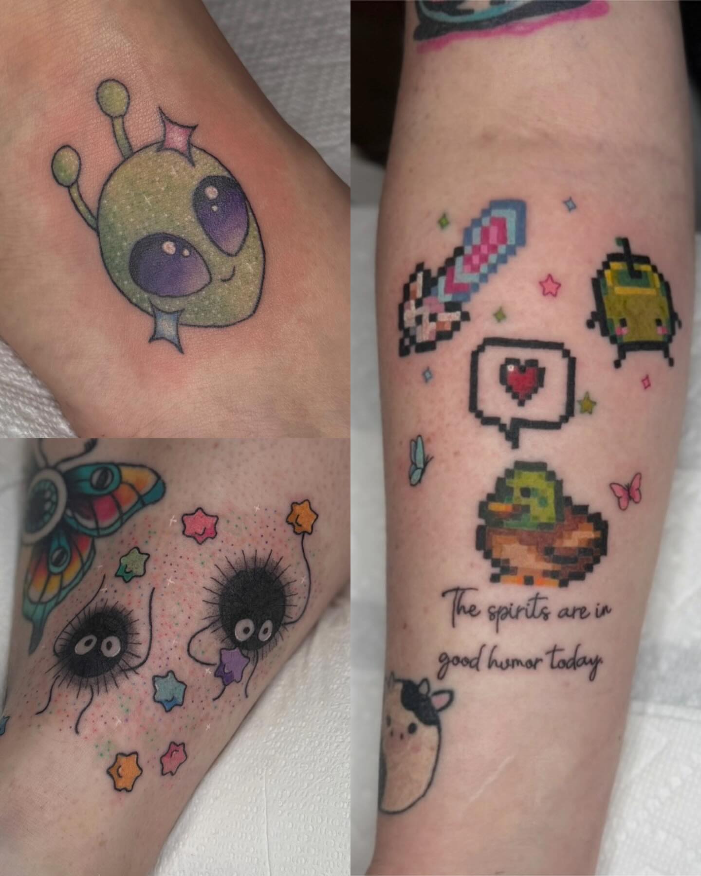 Pixel art characters dotwork tattoo on the forearm by Brandi 🕷, Mentor, Ohio