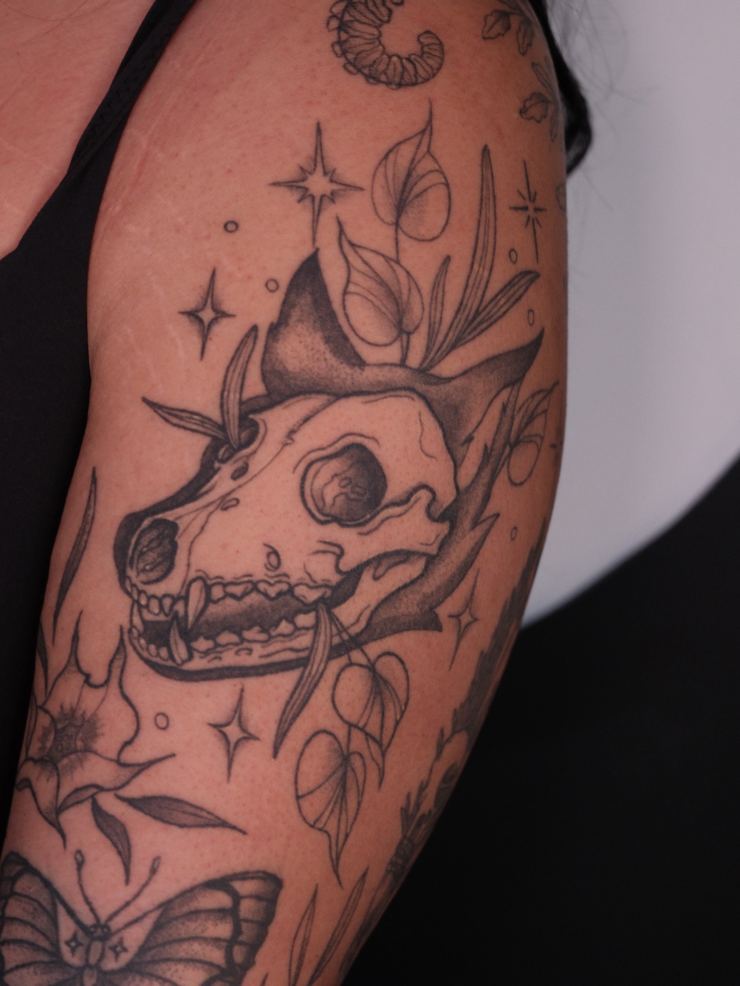 Skull and floral realism tattoo on the forearm by Velvet, Seattle, Washington