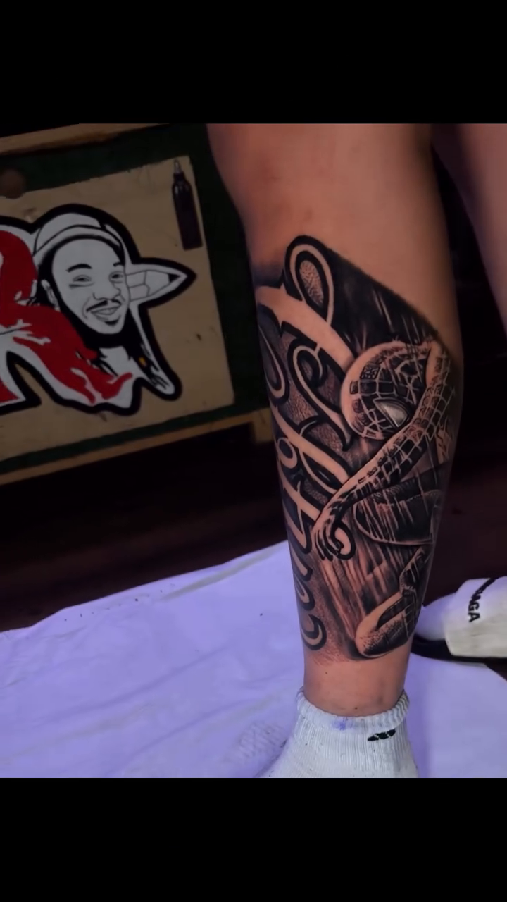 Octopus and nautical elements on leg surrealism tattoo on the calf by Chicago Tattoo Artist
