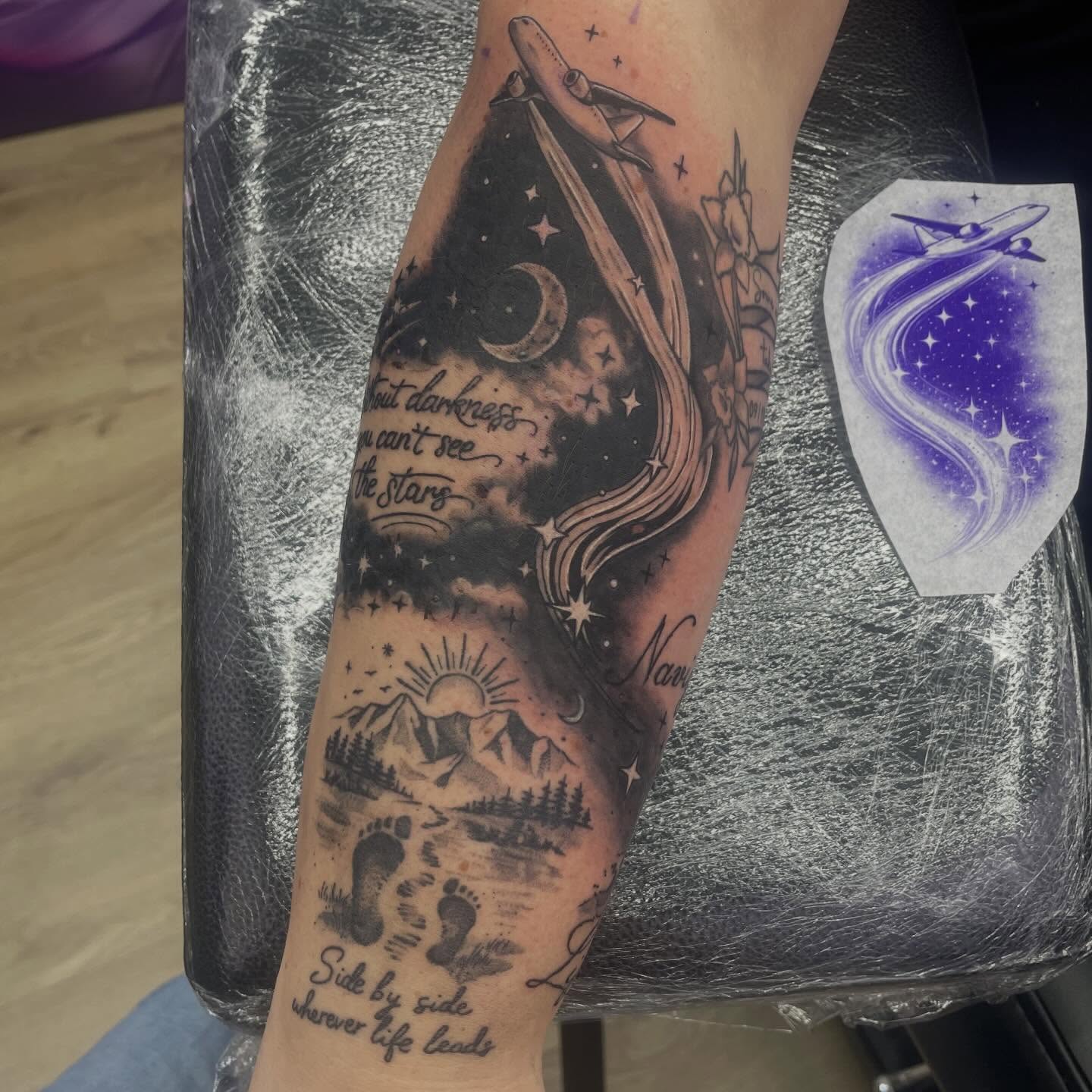 Space-themed landscape dotwork tattoo on the forearm by elly, Oakham