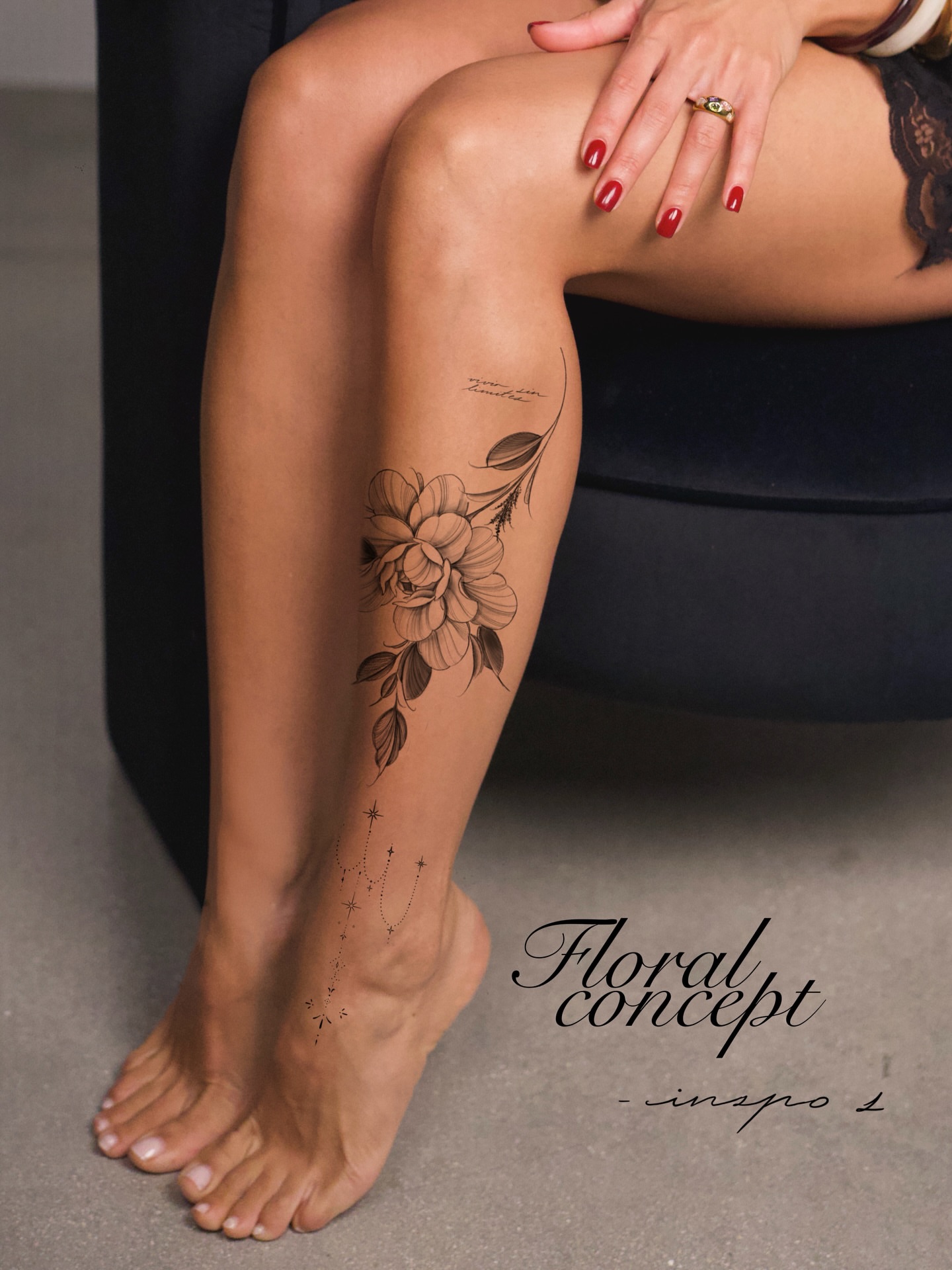 Floral concept black and grey tattoo on the calf by Tattoo fine line NY