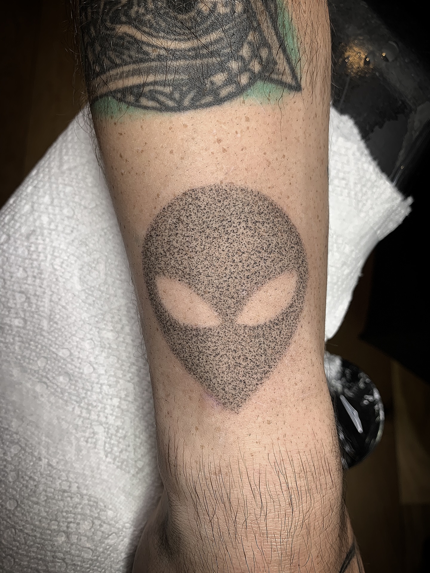 Alien head dotwork tattoo on the forearm by Destroy Troy
