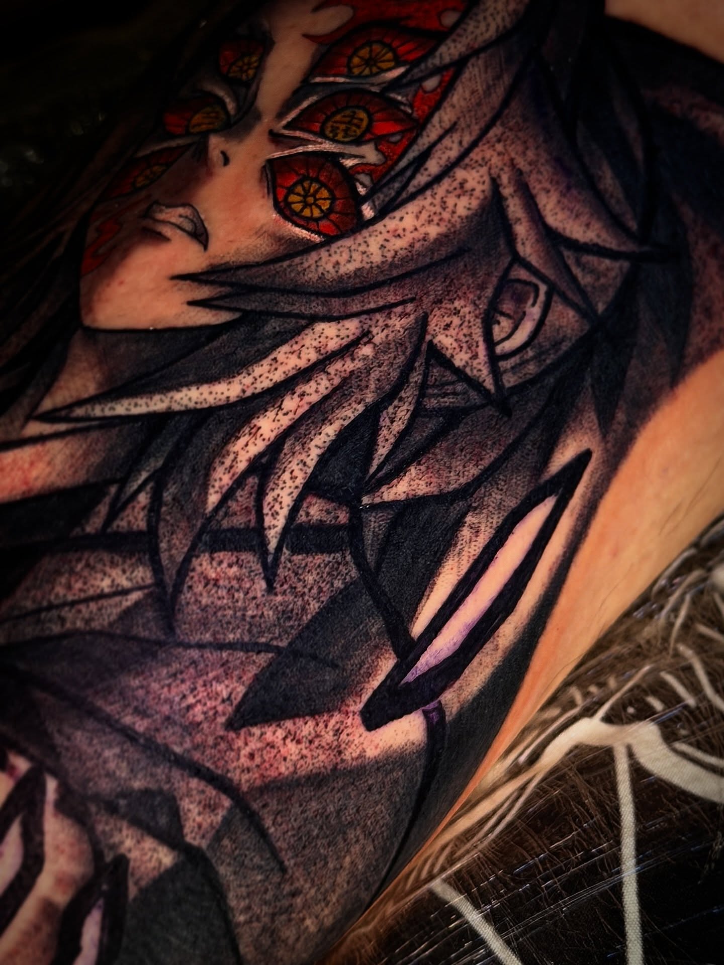 Anime character dotwork tattoo on the chest by Aiden Madrigal