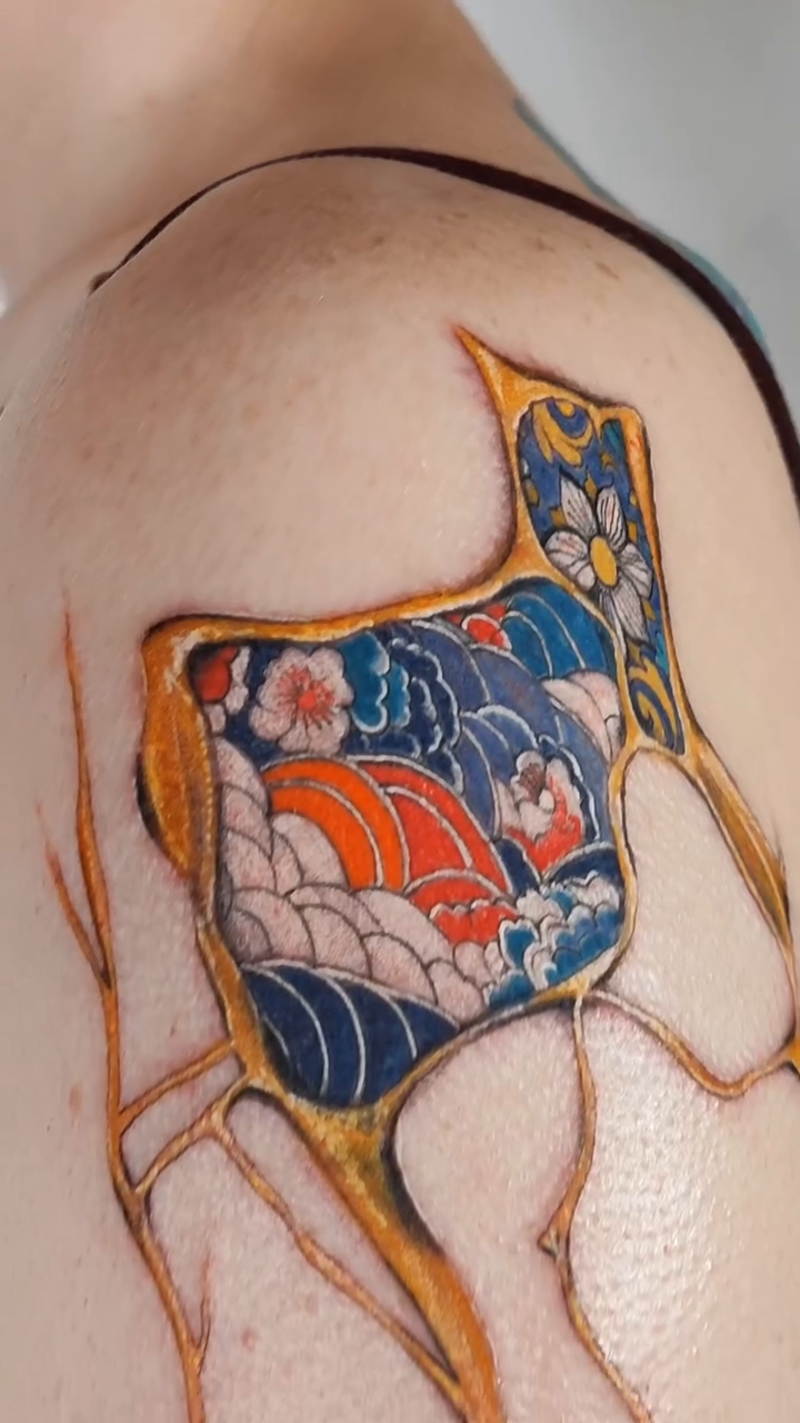 Kintsugi sleeve with Japanese motifs japanese irezumi tattoo by 𝗔𝗟𝗘𝗫 𝗣𝗥𝗘𝗤𝗨𝗘𝗟 𝗧𝗔𝗧𝗧𝗢𝗢𝗦 𝗖𝗛𝗜𝗖𝗔𝗚𝗢 ™, Chicago, Illinois