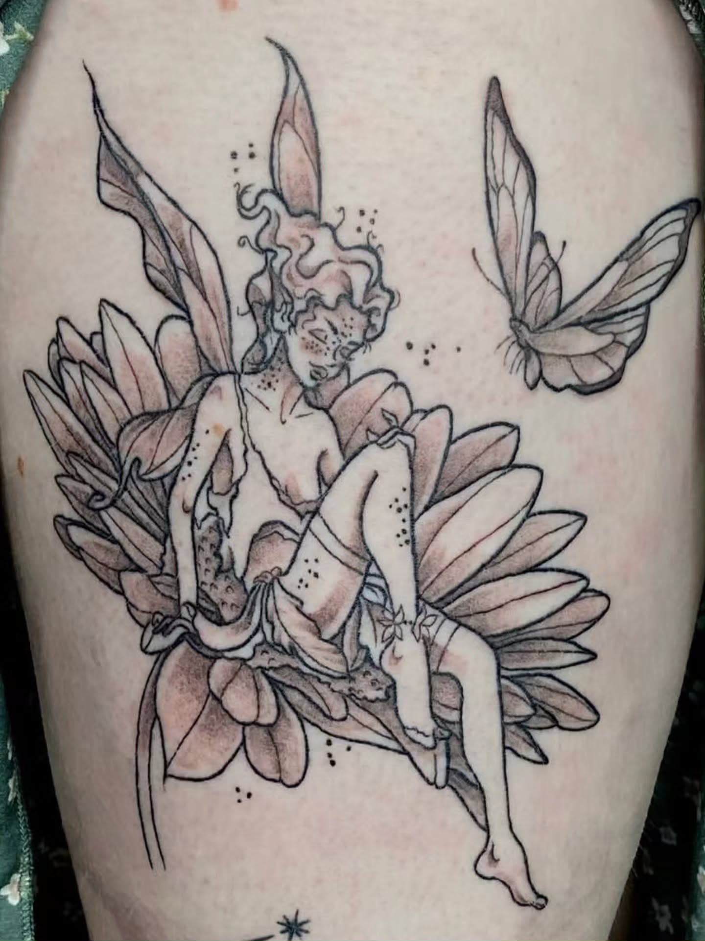 Fairy and butterfly realism tattoo on the thigh by Luna 🌙