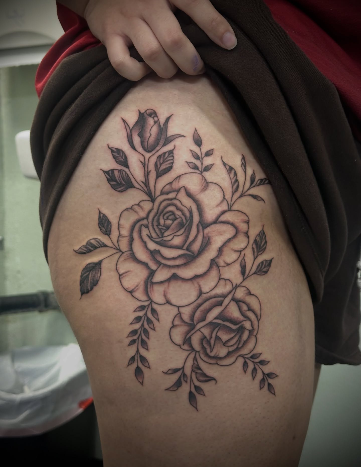 Roses black and grey tattoo on the thigh by 🥀Chloe Miller