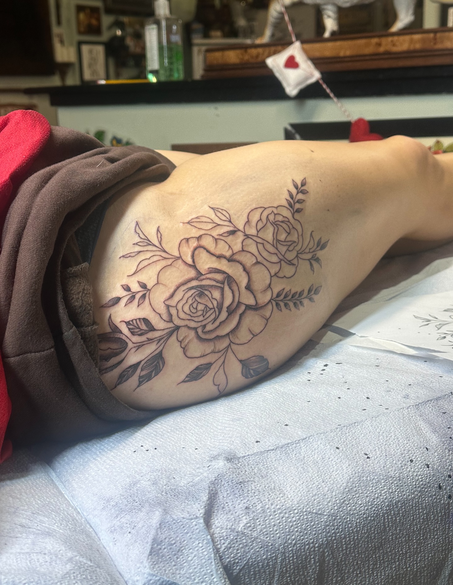 Roses black and grey tattoo on the thigh by 🥀Chloe Miller