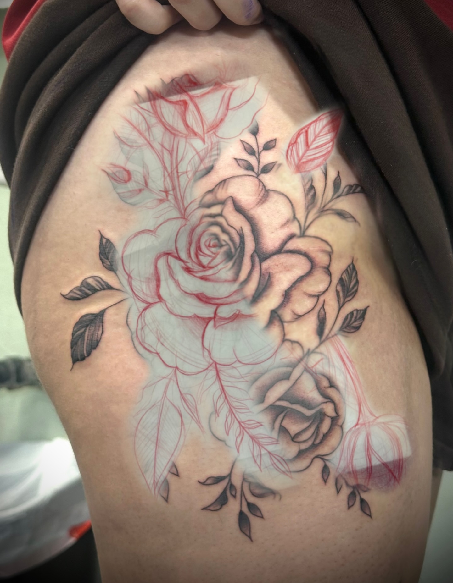 Roses black and grey tattoo on the thigh by 🥀Chloe Miller