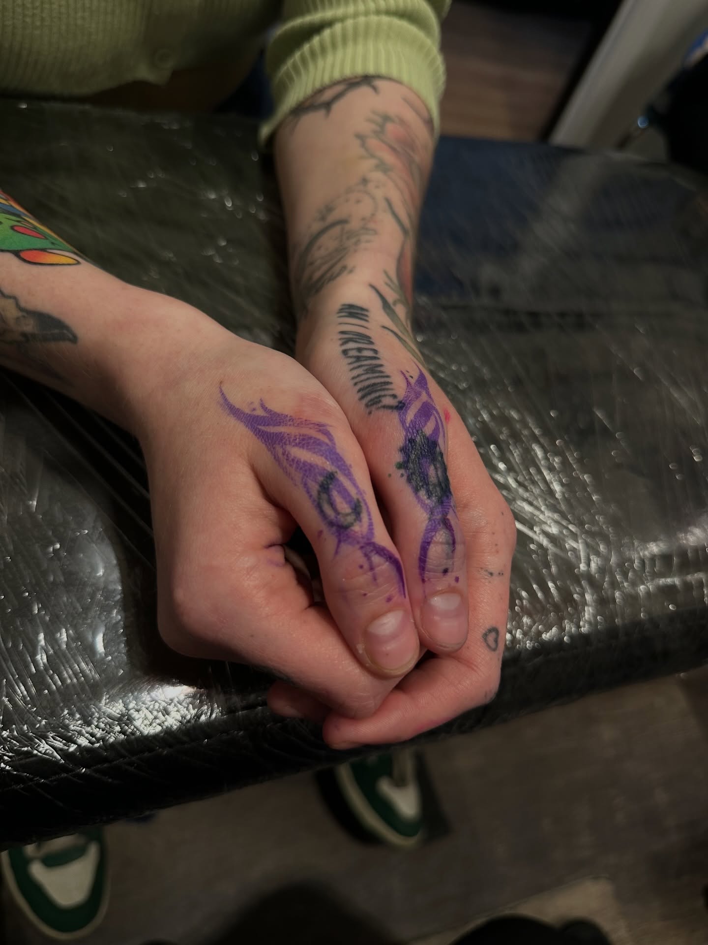 Purple dragon dotwork tattoo on the hand by Yassin alsaje