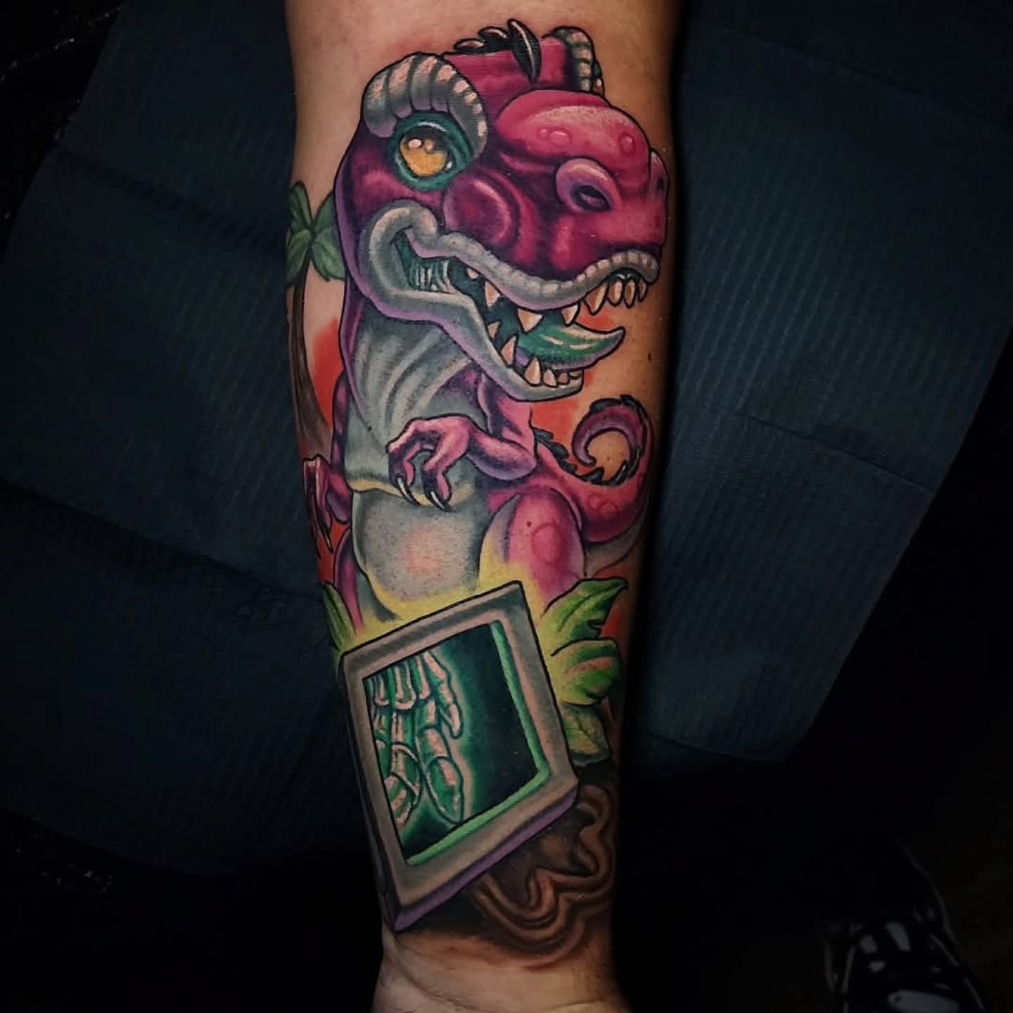 Dinosaur new school tattoo on the forearm by Chicago Tattoo Artist New School Tattoos, Naperville, Illinois