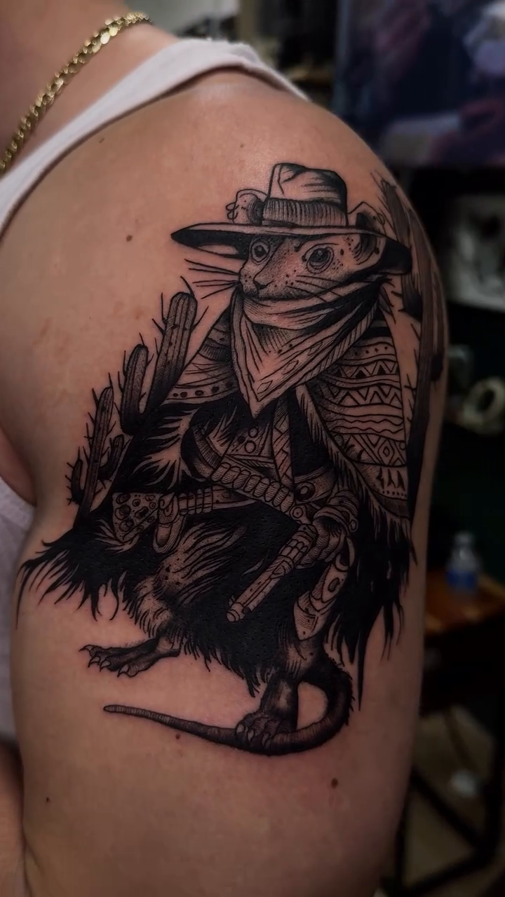 Cowboy rat with bandana and hat realism tattoo on the shoulder by 🌙Jose Maldonado🌙