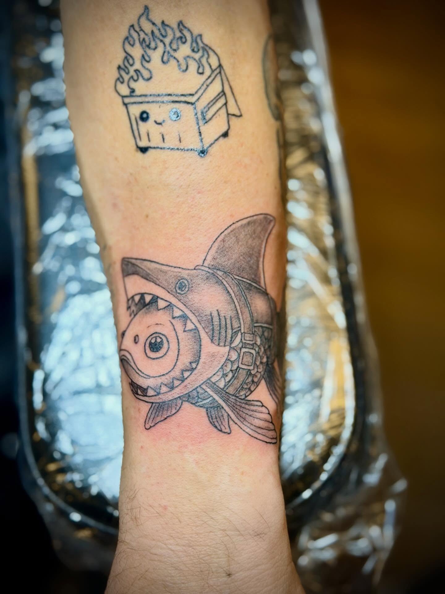 Shark black and grey tattoo on the forearm by Joshua Ware, Alvarado, Texas
