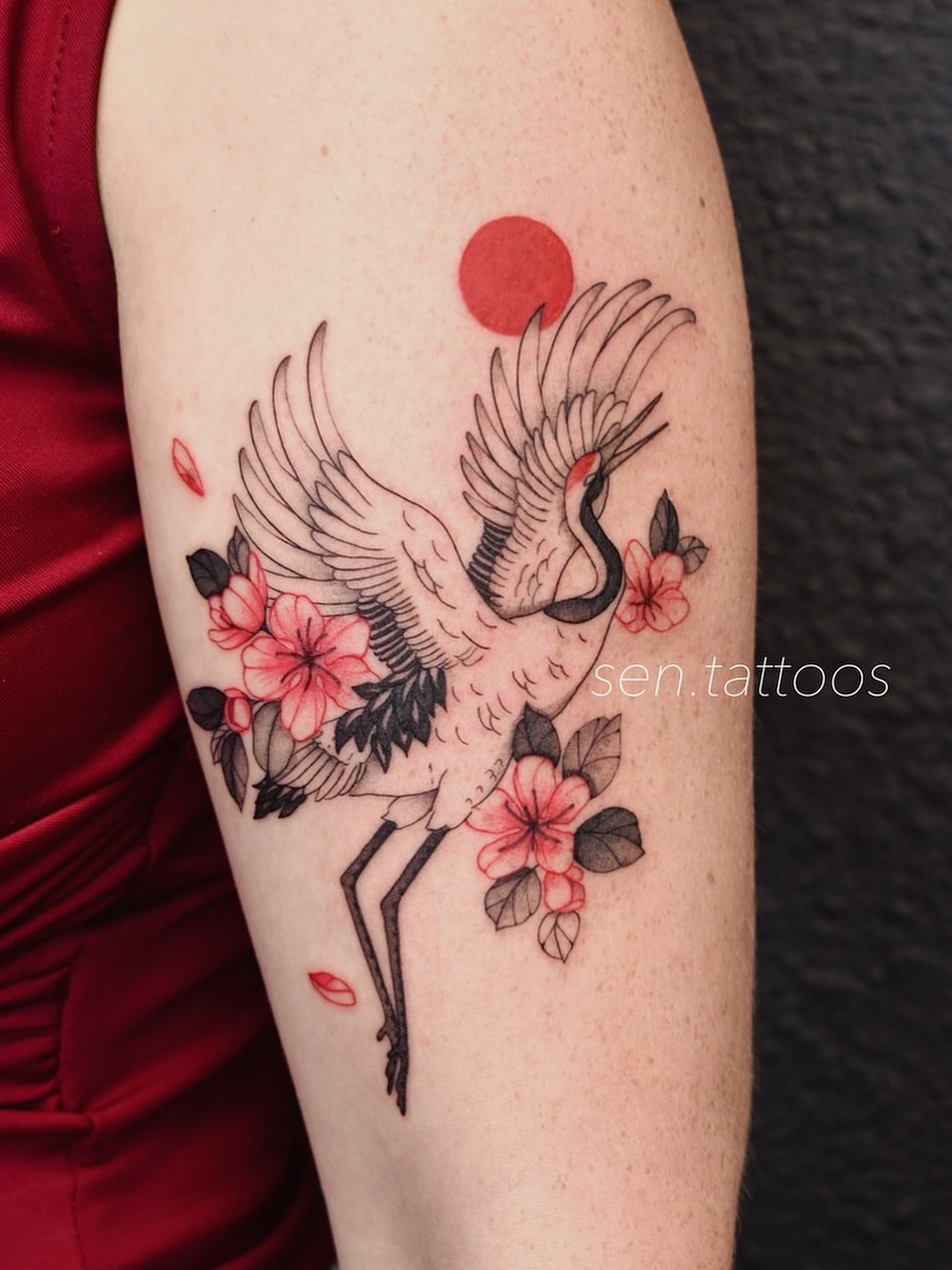Crane and flowers japanese irezumi tattoo on the forearm by Sen Tattooer