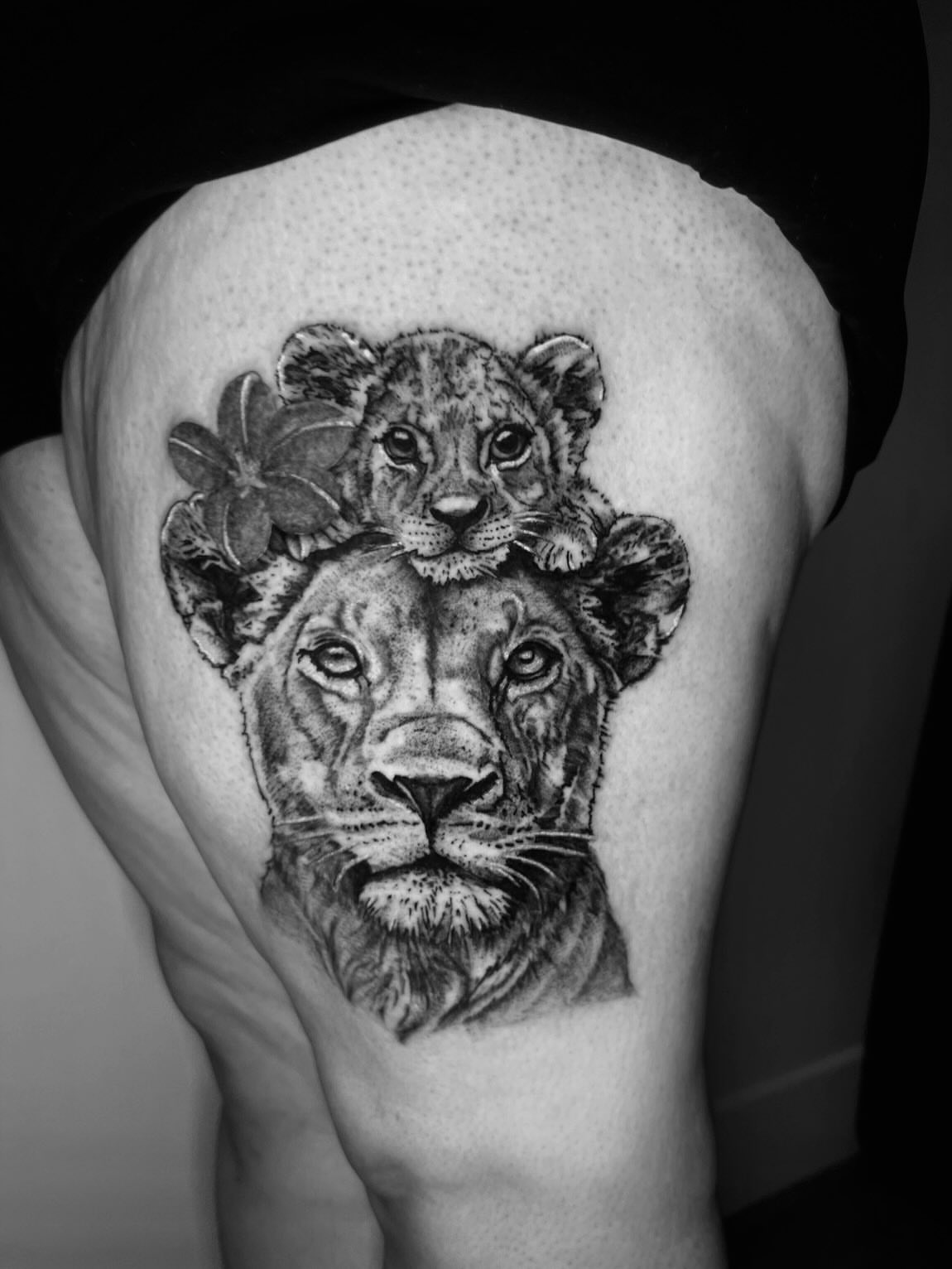 Lioness and cub realism tattoo on the thigh by ππππππ ππππππ - ππππ‘ππ₯ ππ¨π₯π’πππ«π’π¨π¬ π΅π