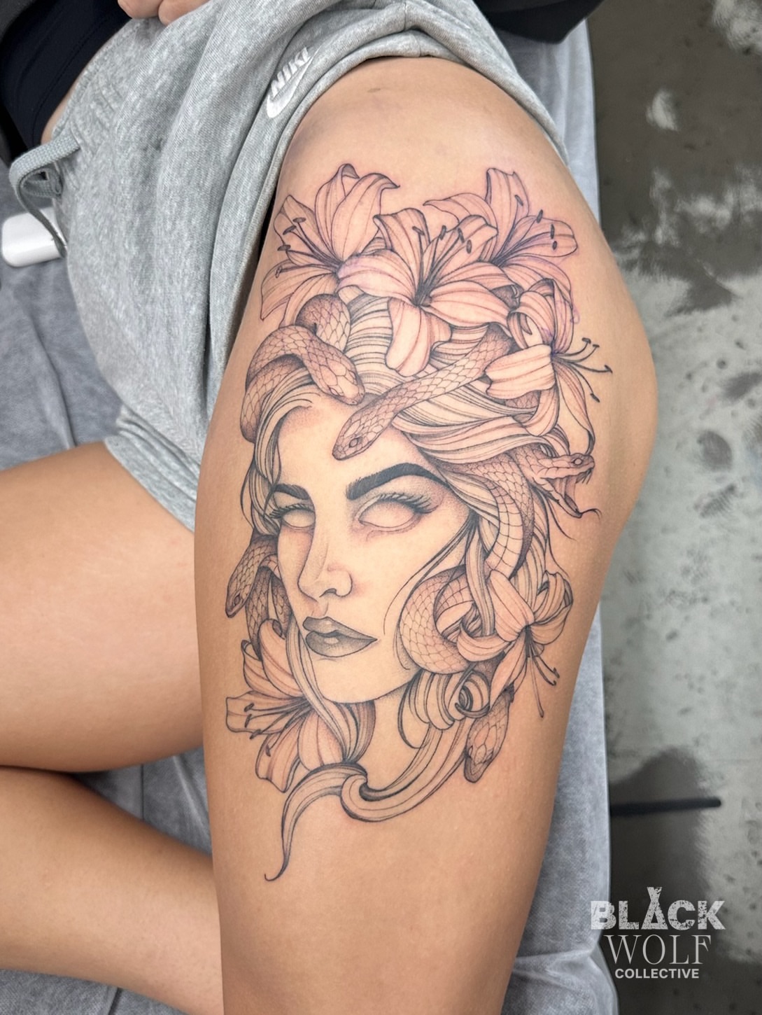 Medusa realism tattoo on the shoulder by Lyndsay Southgate