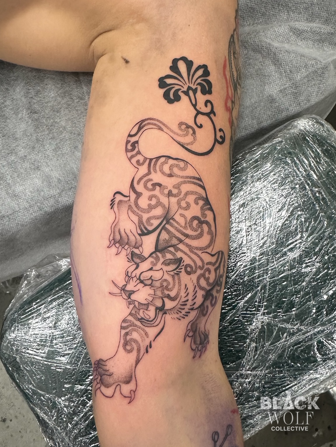 Tiger black and grey tattoo on the forearm by Lyndsay Southgate