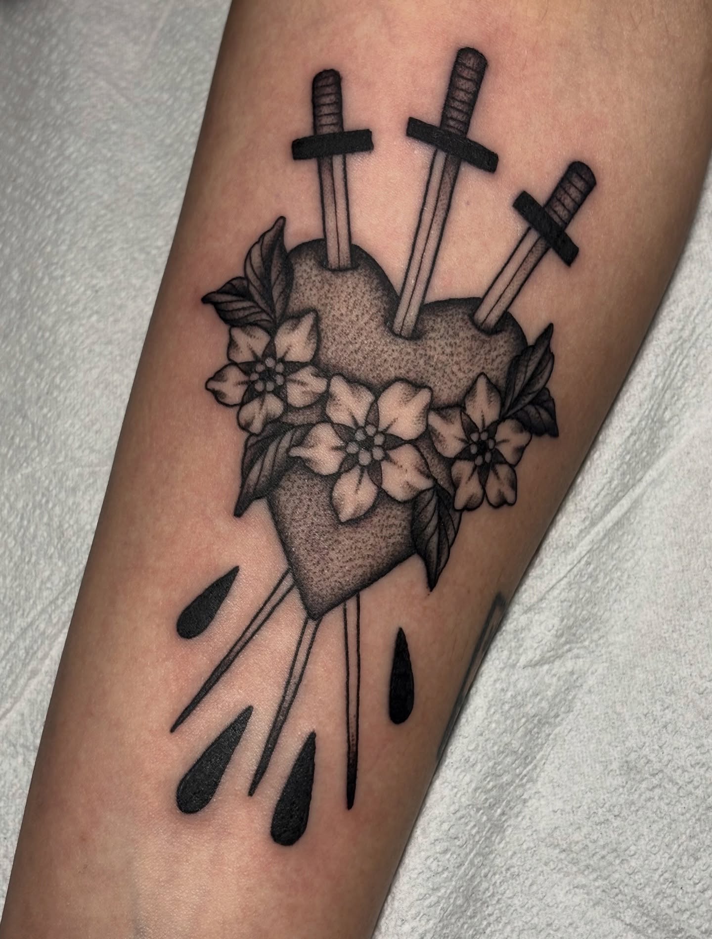 Heart with swords dotwork tattoo on the forearm by ✨madison✨, Portland, Oregon