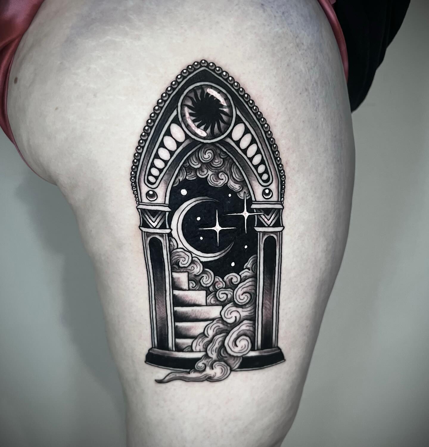 Astral window geometric tattoo on the thigh by Eoghann McGregor