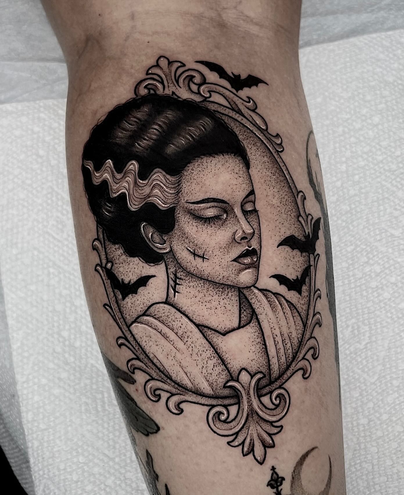 Woman with bats dotwork tattoo on the forearm by 𝔅𝔯𝔦 𝔉𝔩𝔢𝔱𝔠𝔥𝔢𝔯