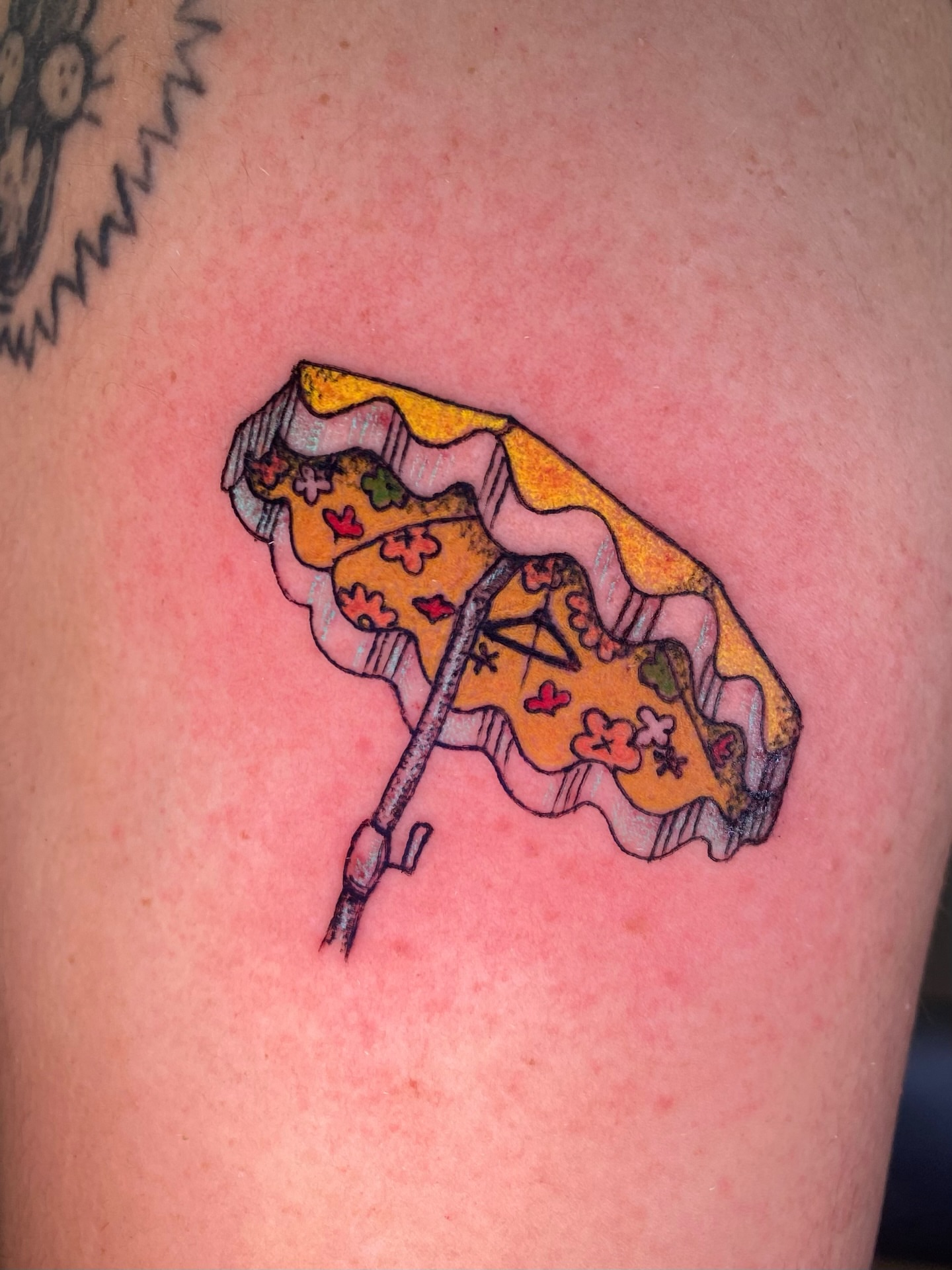 Umbrella new school tattoo on the thigh by Melissa Contreras