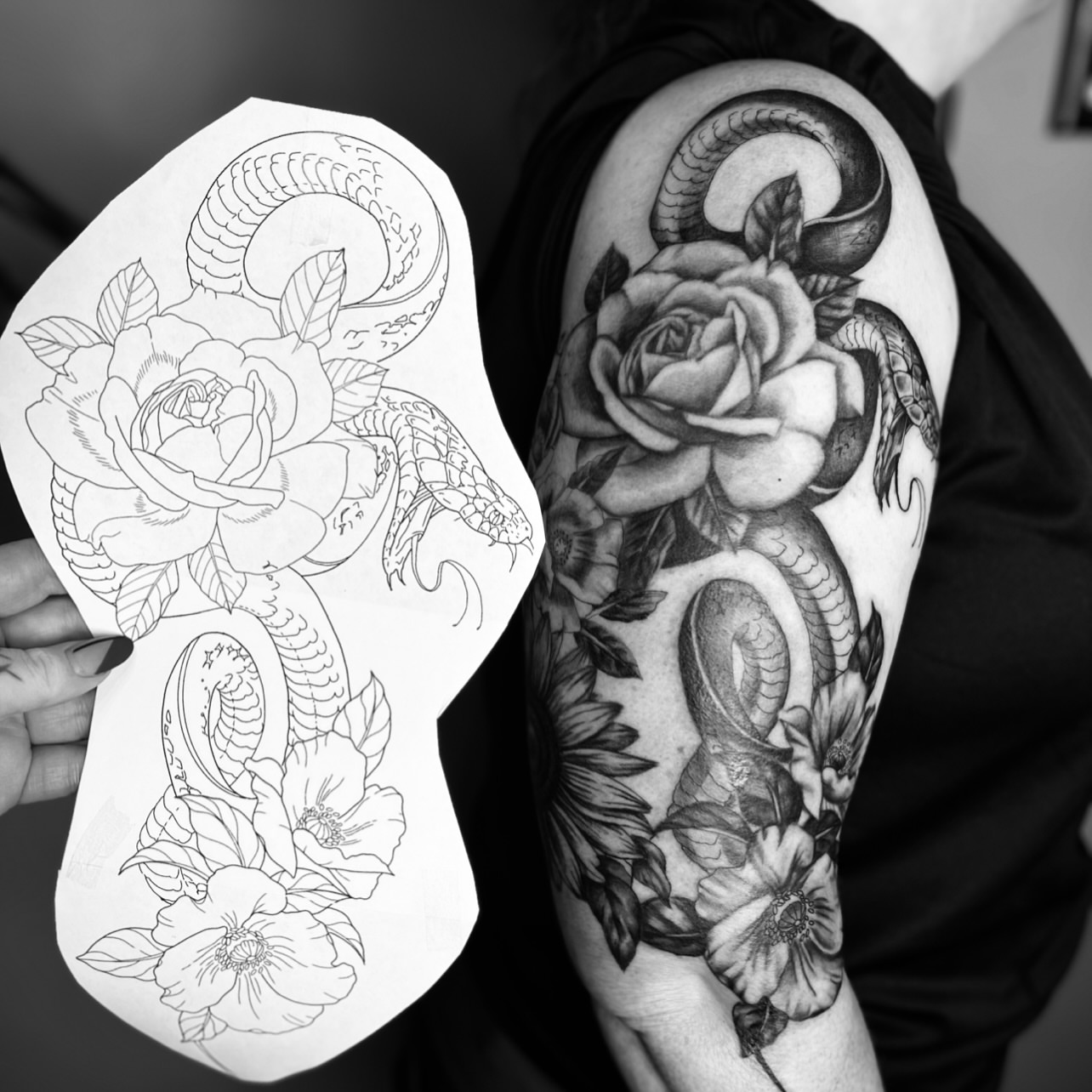 Snake and rose realism tattoo on the upper arm by Sydney Rose