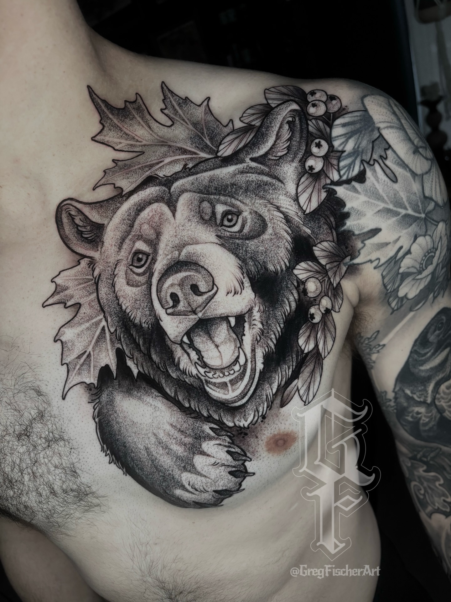 Bear dotwork tattoo on the chest by Greg Fischer