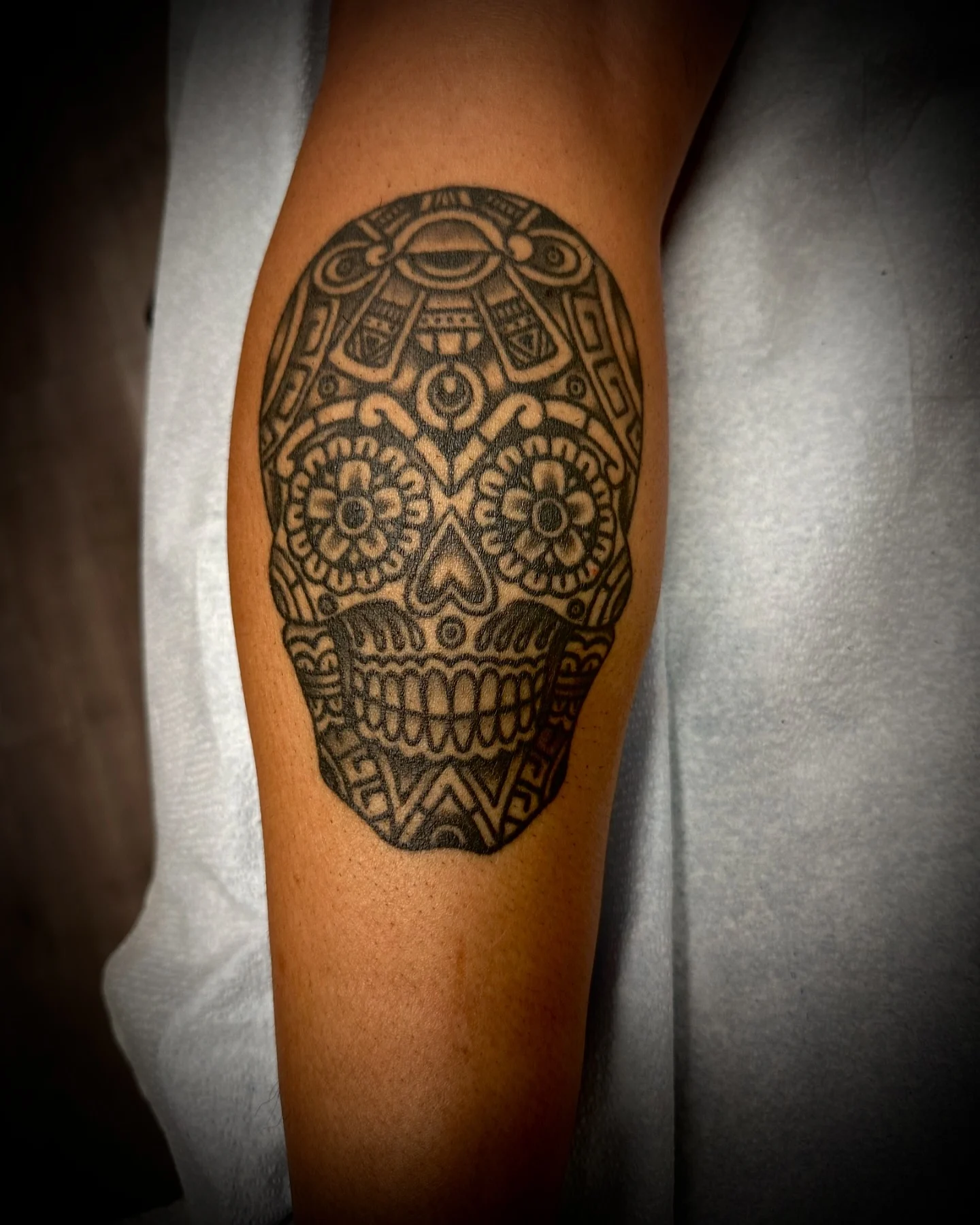 Sugar skull Chicano tattoo on the forearm by @jose.phinelynch
