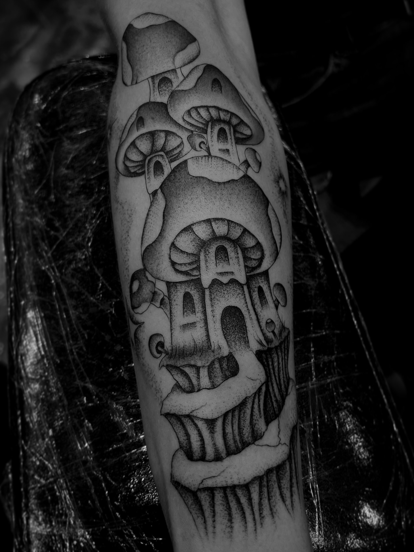 Mushroom black and grey tattoo on the forearm by David Delacruz