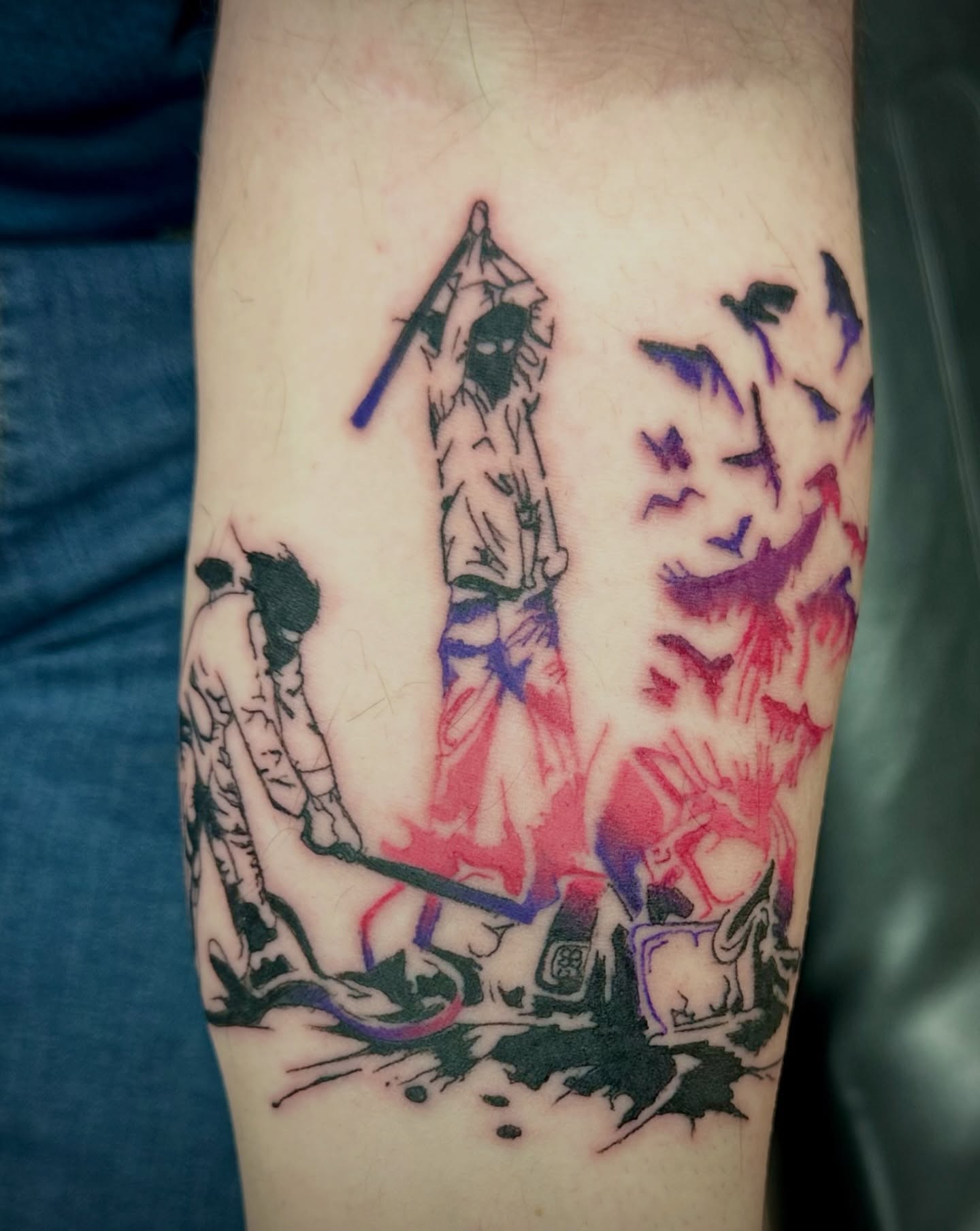 Zombie apocalypse dotwork tattoo on the forearm by Josh Robinson