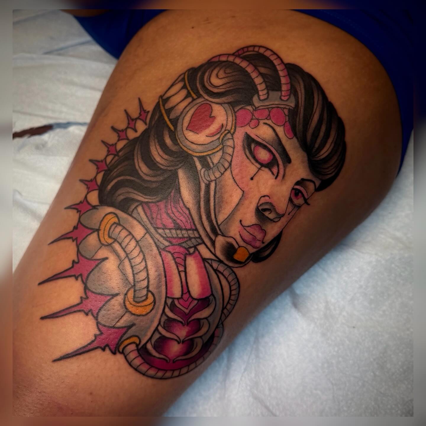 Cyborg woman new school tattoo on the thigh by Alyssa Deeghan