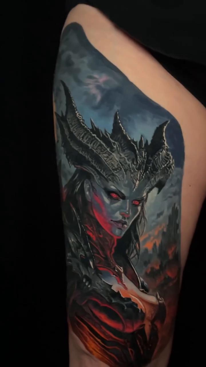 Diablo character dark realism tattoo by Sean Foy