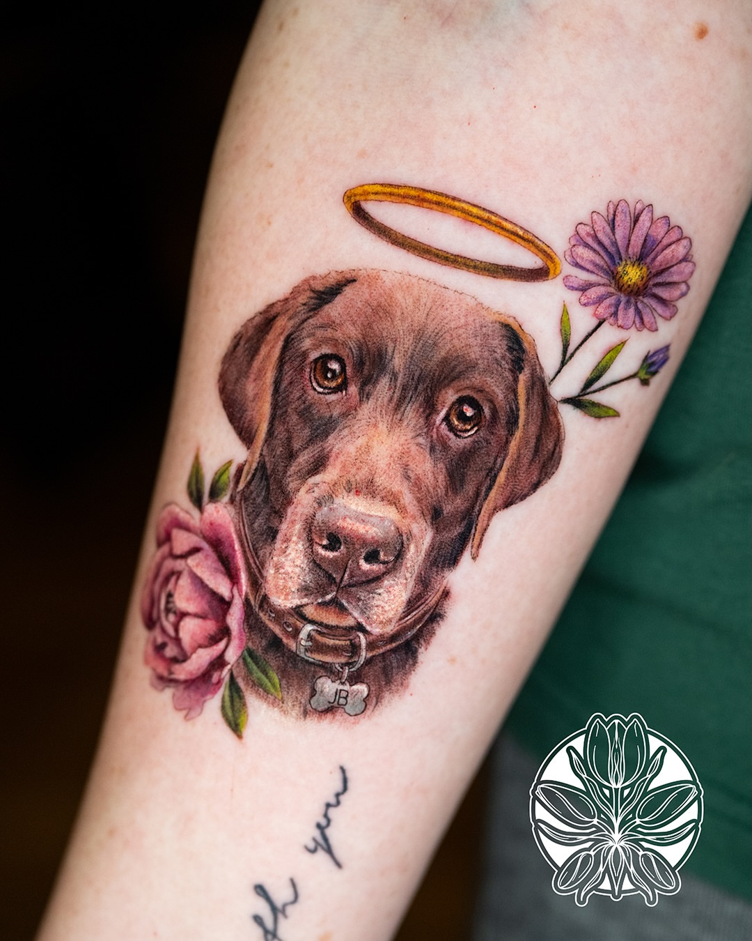 Dog portrait realism tattoo on the forearm by Ori Merchan Tattoo, Kansas City, Missouri
