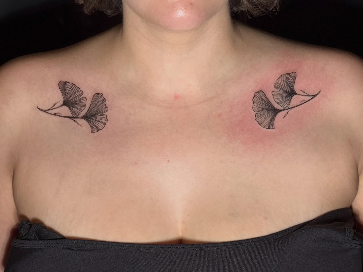 Gingko leaves black and grey tattoo on the chest by 「 ✦ Sa-Na ✦ 」DMV TATTOO ARTIST