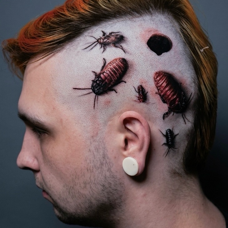 Cockroaches tattoo on the head by Aren