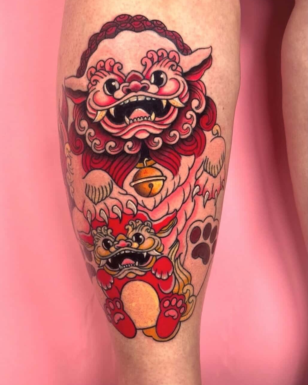 Lion American traditional tattoo on the calf by Car🦋🌈 Dallas Tattoo Artist💖