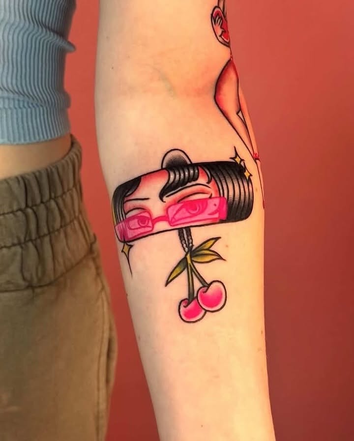 Camera and cherries American traditional tattoo on the forearm by Car🦋🌈 Dallas Tattoo Artist💖