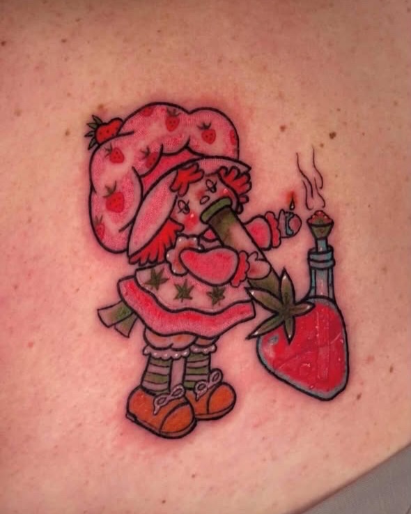Strawberry girl new school tattoo on the back by Car🦋🌈 Dallas Tattoo Artist💖