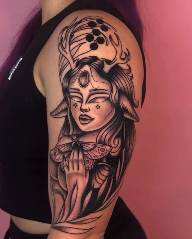 Elf-like woman with moth realism tattoo on the shoulder by Car🦋🌈 Dallas Tattoo Artist💖