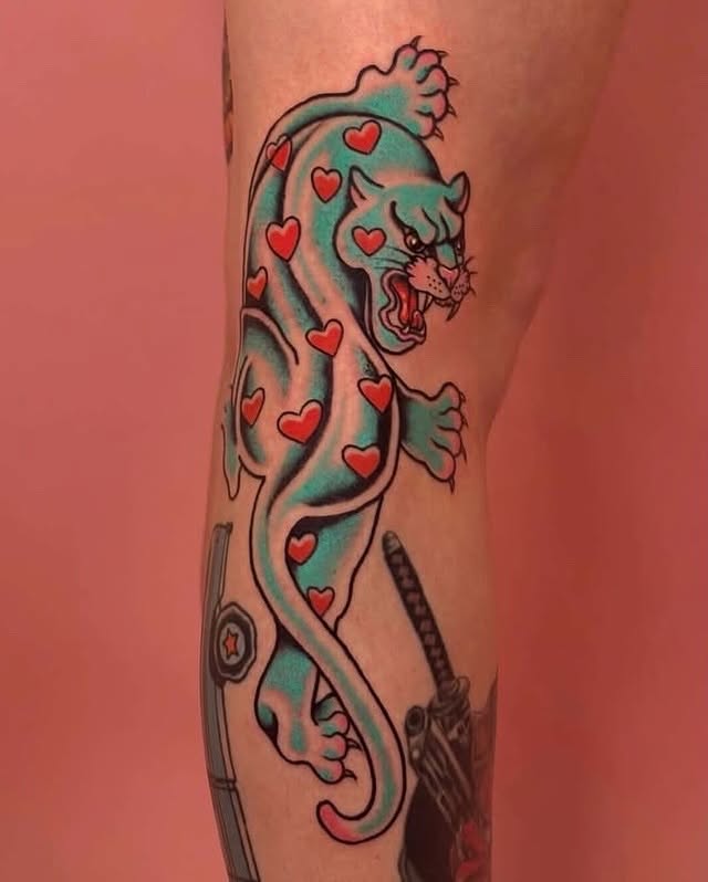 Panther with hearts American traditional tattoo on the forearm by Car🦋🌈 Dallas Tattoo Artist💖