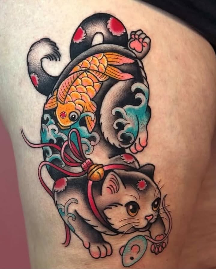 Cat and koi fish American traditional tattoo on the thigh by Car🦋🌈 Dallas Tattoo Artist💖