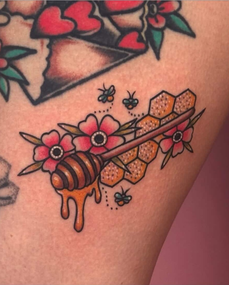 Honeycomb and flowers American traditional tattoo on the thigh by Car🦋🌈 Dallas Tattoo Artist💖