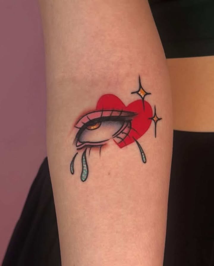 Tearful eye American traditional tattoo on the forearm by Car🦋🌈 Dallas Tattoo Artist💖