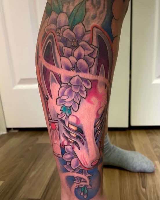 Fox and flowers new school tattoo on the calf by 𝑲𝒂𝒊𝒕 𝑨𝒏𝒅𝒆𝒓𝒔𝒆𝒏