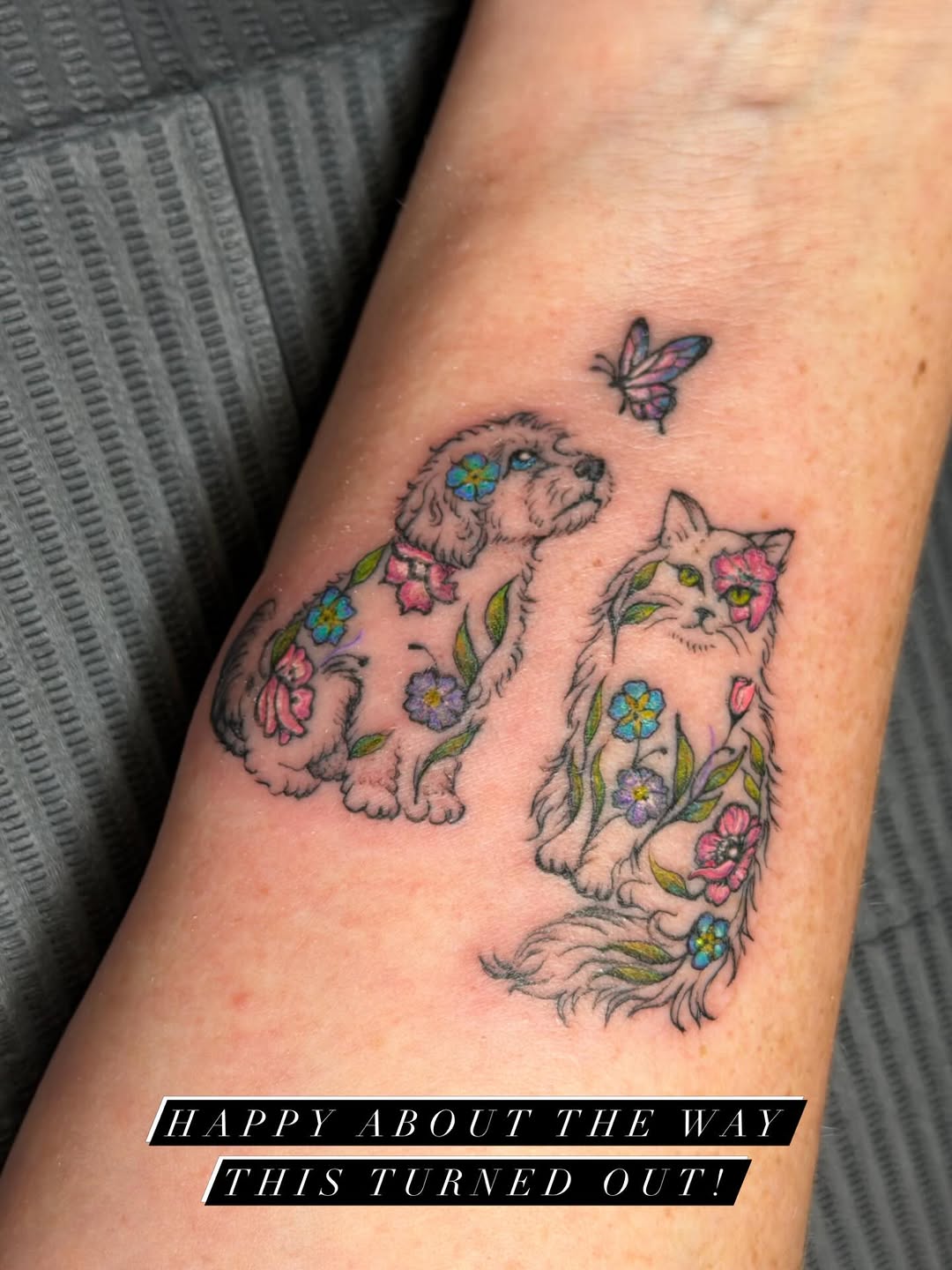 Dog and cat with flowers realism tattoo on the forearm by Van Cleave Aesthetics, Franklin, Tennessee