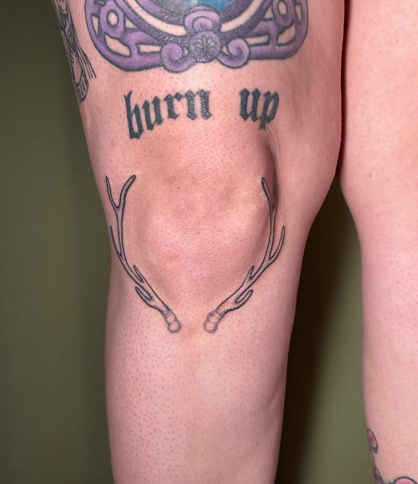 Antlers black and grey tattoo on the leg by Quin