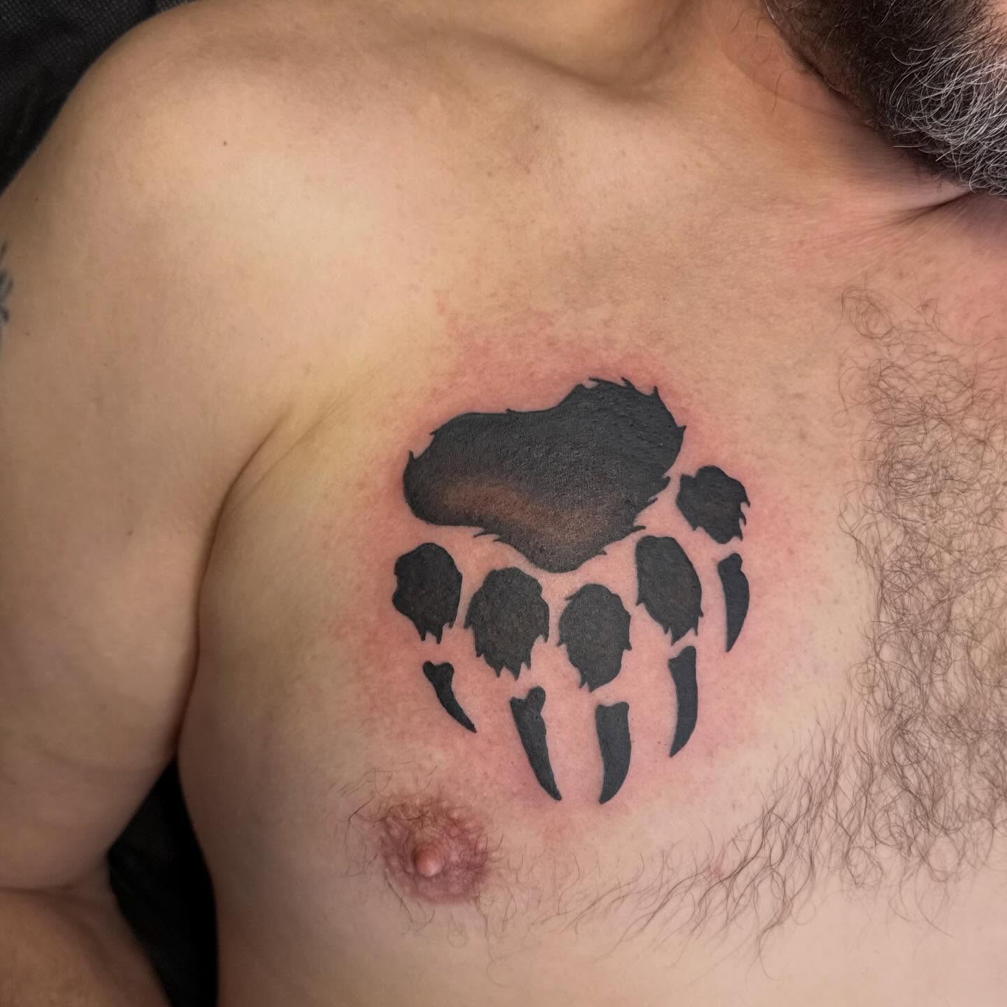 Bear paw print black and grey tattoo on the chest by Nic