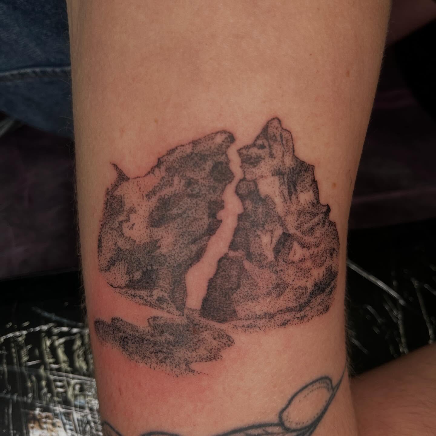 Mountain landscape dotwork tattoo on the forearm by ⁎⁺˳✧༚Emma