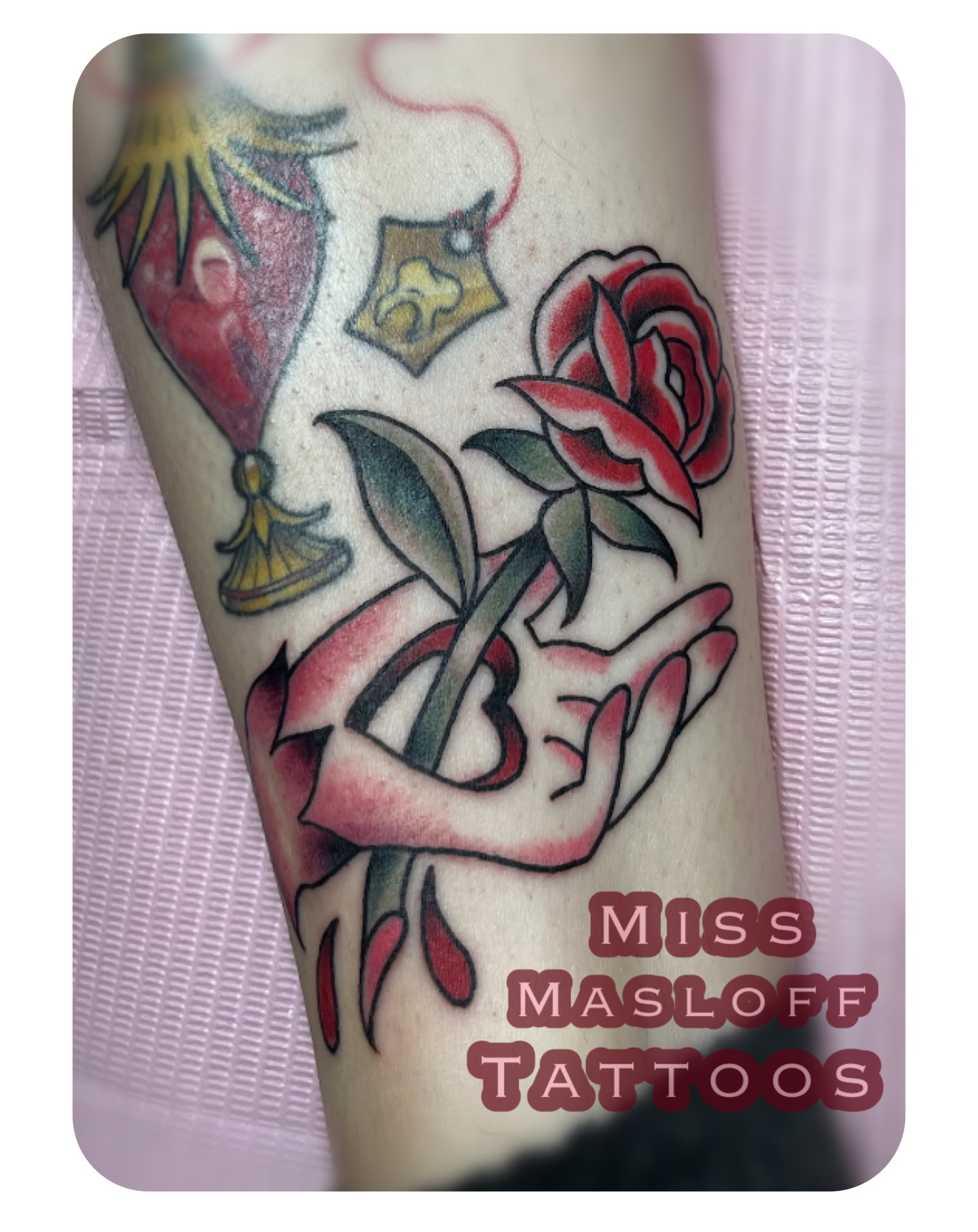 Rose and ribbon American traditional tattoo on the forearm by ๐Miss Ash Masloff (Mrs.Waritz)๐