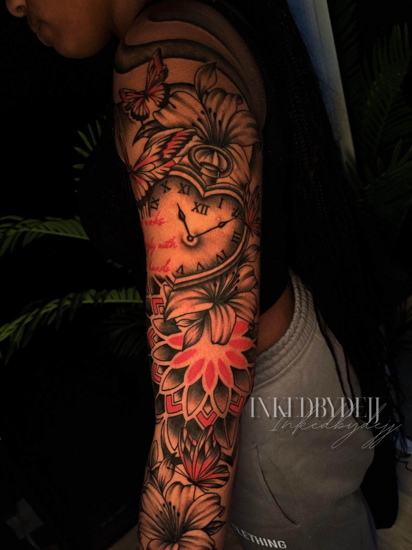 Clock and flowers American traditional tattoo on the forearm by Inkedbydejj